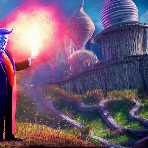 Image similar to portrait of donald trump as willy wonka in morrowind, fantasy, warcraft, warhammer, splash art, movie still, cinematic lighting, dramatic, octane render, long lens, shallow depth of field, bokeh, anamorphic lens flare, 8 k, hyper detailed, 3 5 mm film grain