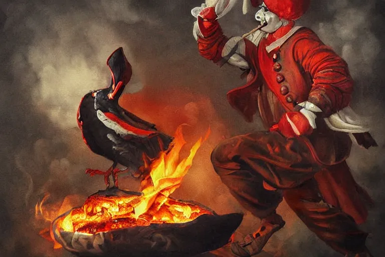 Image similar to a highly detailed menacing painting of pulcinella!!! from naples with a pizza!! and lots of fire, a volcano and dark smoke, an ultrafine painting by antoinette kelly, dramatic lighting, trending on deviantart, sharp focus, octane, masterpiece