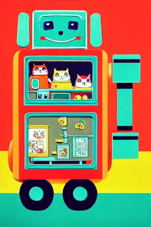 Image similar to ( ( ( ( ( ( ( a robot cat riding a cyber wagon ) ) ) ) ) ) ) by richard scarry!!!!!!!!!!!!!! muted colors, detailed