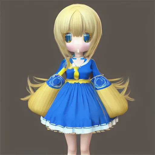 Image similar to cute fumo plush of a girl in a blue and gold patterned dress, high quality material bssrdf, vray, anime girl