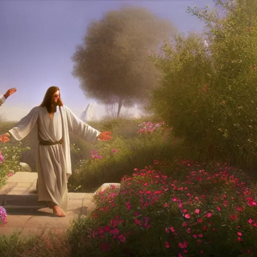 Prompt: A painting depicting the resurrection of Jesus Christ, (Jean Jules Linden), Peter Ilsted, (flowers), (monolith), (((Unreal Engine))), Religious painting,