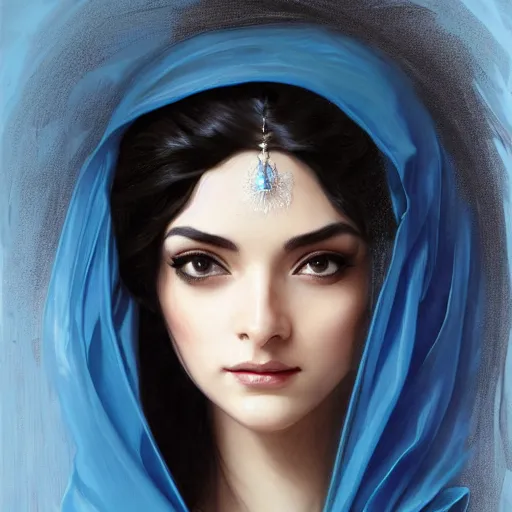 Prompt: Ameera al-Taweel, bright blue eyes, wavy black hair, white veil, highly detailed, digital painting, artstation, concept art, smooth, sharp focus, illustration, ArtStation, art by artgerm and greg rutkowski and alphonse mucha and J. C. Leyendecker and Edmund Blair Leighton and Katsuhiro Otomo and Geof Darrow and Phil hale and Ashley wood and Ilya repin and Charlie Bowater