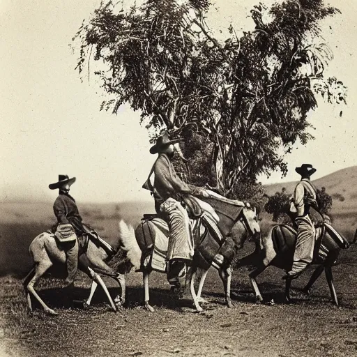 Prompt: kangaroo and wallaby cowboys, riding into a small town on horses, 1 8 6 0 s, photo