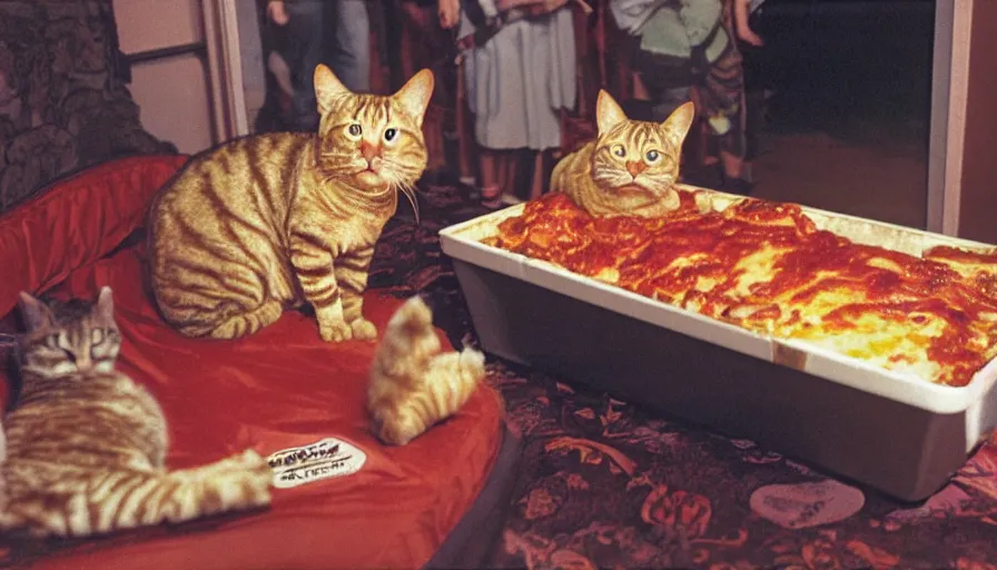 Prompt: 1990s photo of inside the Garfield Mystery Lasagna ride at Universal Studios in Orlando, Florida, riding a box with a blanket with Garfield the cat through a living room filled lasagna and coffee cups, cinematic, UHD