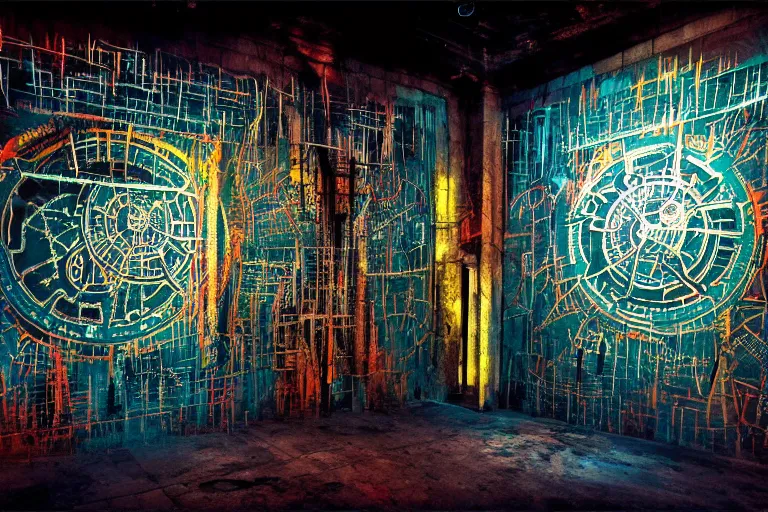 Prompt: the inside of a symmetrical hellish dungeon, mirrors and ancient gears, matte painting, 4 k, epic composition, volumetric light, abstract illusionism, by william stout, jean - michel basquiat, pour paint, modern street art, grunge wall, industrial