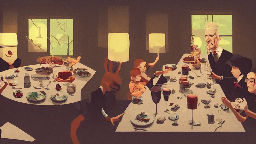 Prompt: Family dinner, in the style of David Lynch, by Wes Anderson, concept art, artstation