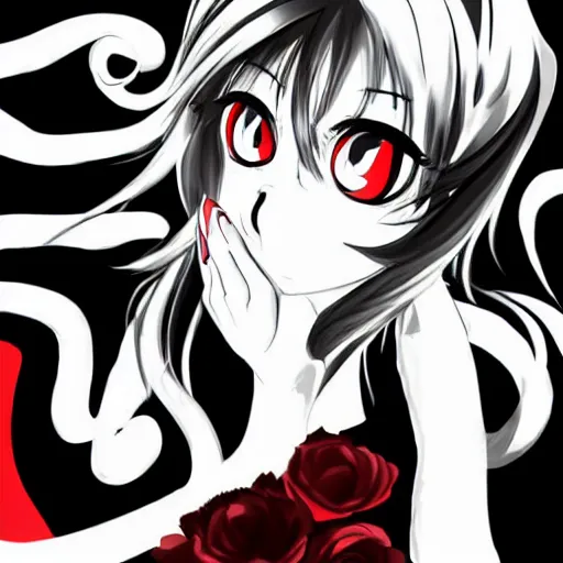 Image similar to anime femme fatale, film noir, black and white and red