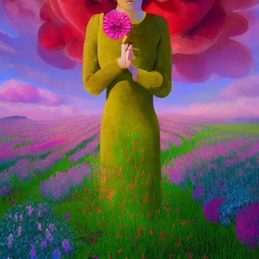 Image similar to girl with giant flower as a face, surreal photography, dream, dress made from the flower field she walks through, hills, big trees, sunrise dramatic light, impressionist painting, colorful clouds, digital painting, pointillism, artstation, simon stalenhag