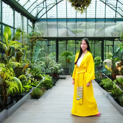 Image similar to medium photo portrait of a young european woman wearing a yellow kimono in a tropical greenhouse