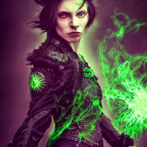 Image similar to a portrait of a necromancer, green aura ,Grim fantasy, D&D, HDR, natural light, shoulder level shot, dynamic pose, award winning photograph, Mucha style, 8k,