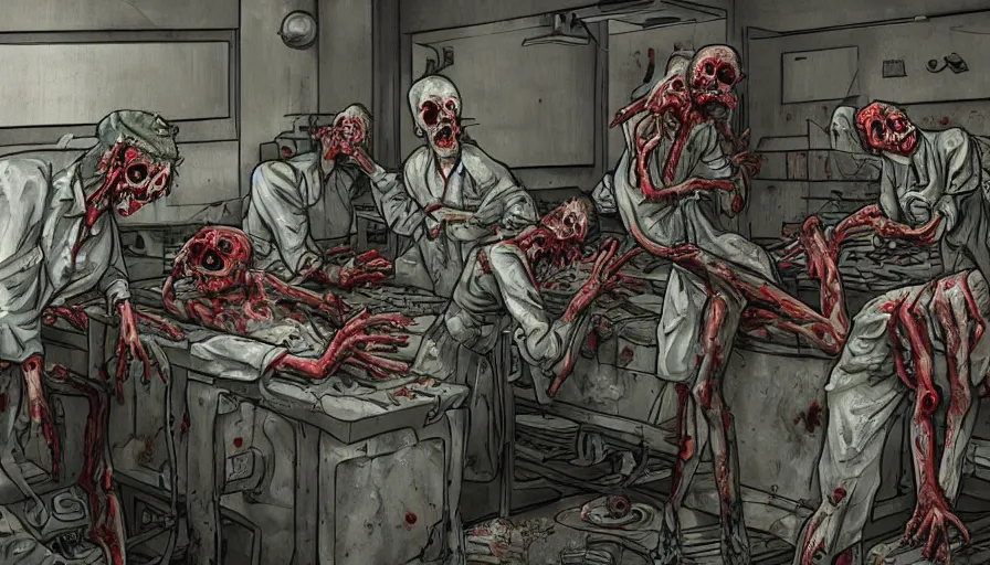 Image similar to zombies working in a morgue. trending on artstation