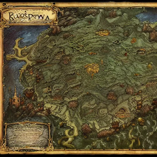 Image similar to simple fantasy map of dark Russia, by JRR Tolkien and Brian Froud, Vatican Map Room, fantasy concept painting, Magic The Gathering Art, trending on art station, rivers, lakes, cities, villages, roads, showing kingdoms, oceans, continents, vast seas, open plains, baroque frame border