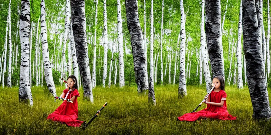 Image similar to young girl playing flute in the middle of a birch forest during a storm at night while lightning dragons race down toward her