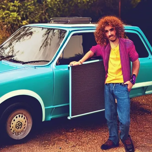 Prompt: aesthetic photo of a guy with curly hair and colored clothes holding a big black speaker in front of a raw of parked Fiat Uno 70s style hippie. Interlaced picture. Instagram post. Vintage.