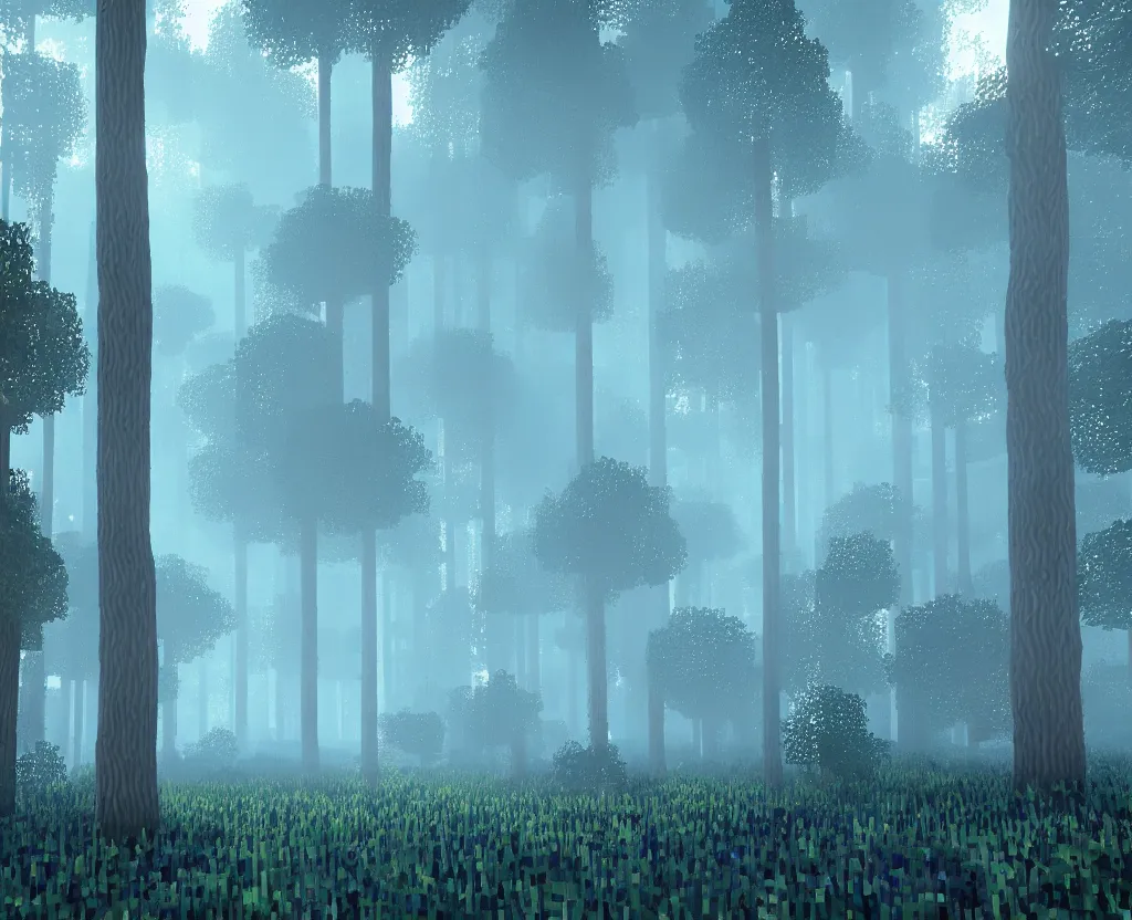 Prompt: blue forest, glowing, minecraft screenshot, raytracing, shader, digital art, highly detailed, artstation, octane render