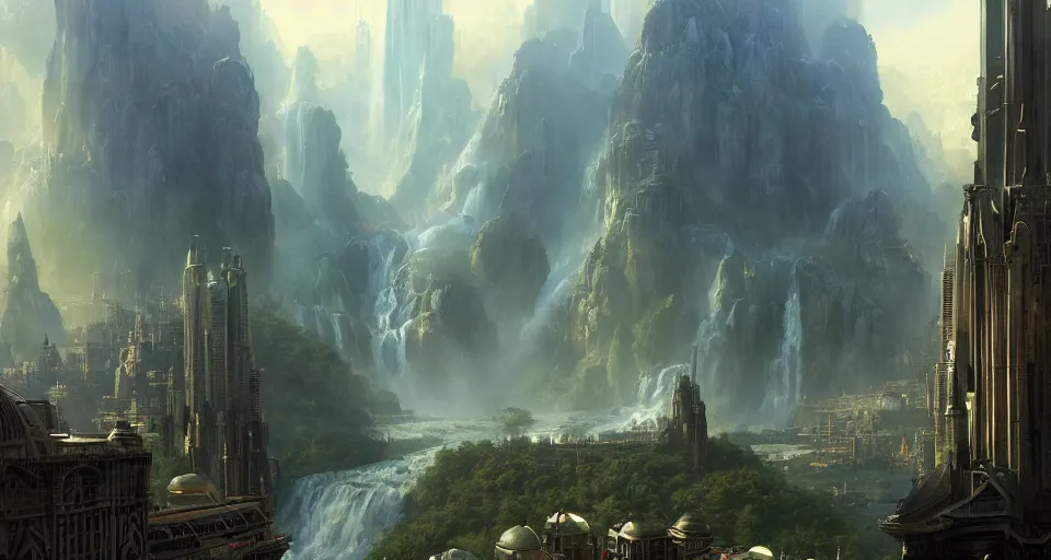 Prompt: a matte painting of beautiful religious science fiction city, with waterfalls, 8 k, cinematic lighting, hd, atmospheric, hyperdetailed, trending on artstation, deviantart, digital painting, concept art smooth sharp focus illustration, art by artgerm and paul chadeisson and greg rutkowski, sung choi and alphonse mucha