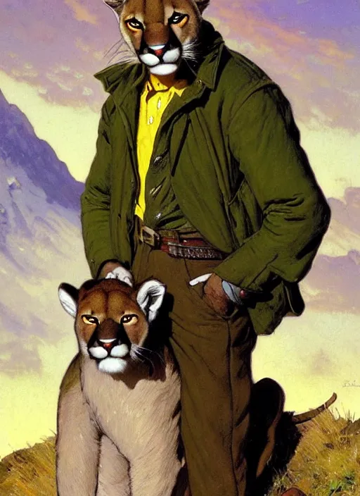 Prompt: beautiful portrait commission of a male Furry Anthro mountain lion Fursona with white fur wearing a yellow button-down shirt, olive green slacks in a old-timey western town. Atmospheric. Renowned character illustration by greg rutkowski, thomas kindkade, alphonse mucha, loish, norman rockwell. detailed, inked, western comic book art