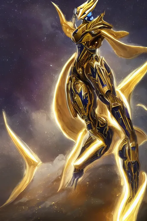 Image similar to galactic hyperdetailed elegant beautiful stunning giantess saryn prime anthropomorphic mecha female dragon goddess, sharp spines, sharp metal ears, sleek yellow eyes, smooth gold skin, smooth gold armor, bigger than galaxy, epic proportions, epic scale, epic size, warframe destiny fanart, furry, dragon art, goddess, giantess, furaffinity, octane render