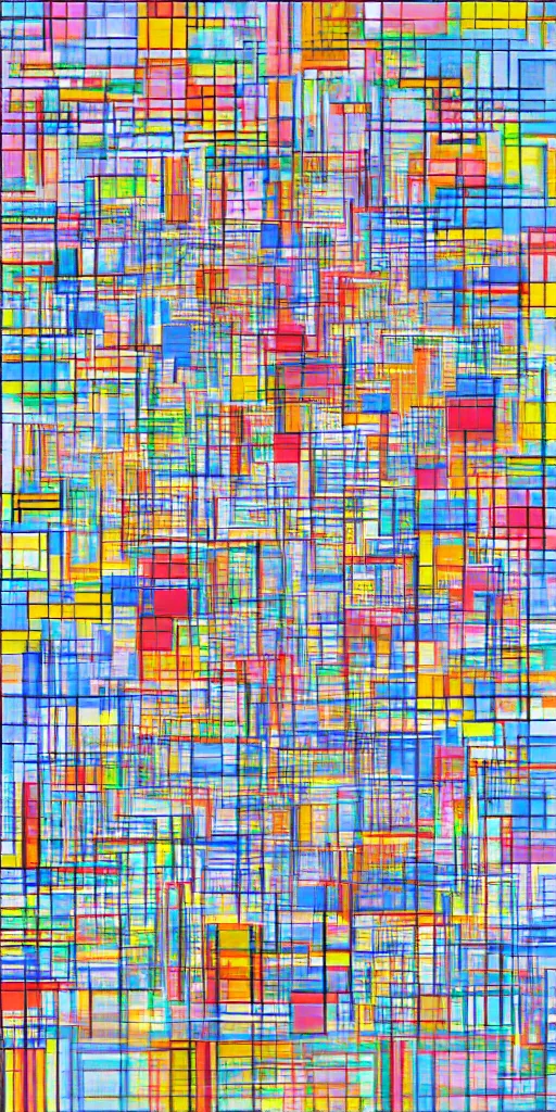 Image similar to minimalist map of symmetrical colorful squares by Piet Mondrian, hyper detailed, geometric, 3D, amazing depth