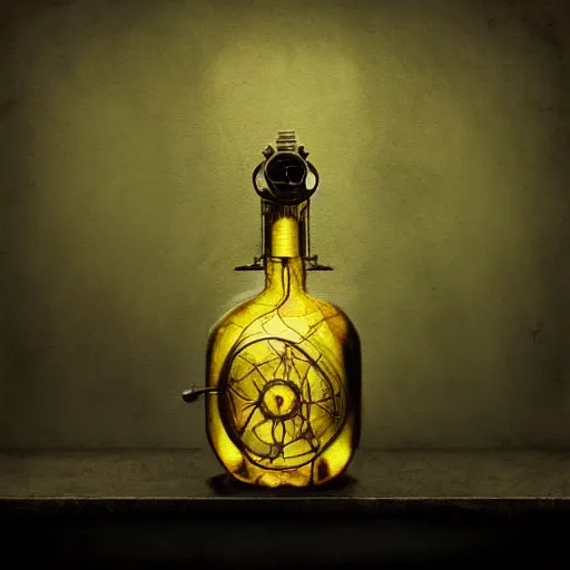 Prompt: a steampunk painting of a vintage bright yellow poison potion bottle, lit by a single ray of sunlight in a dark dusty vintage science lab, by h. r. giger, hyperrealistic fantasy art, concept matte, ethereal, dreamy, digital art, trending on artstation, volumetric cinematic lighting