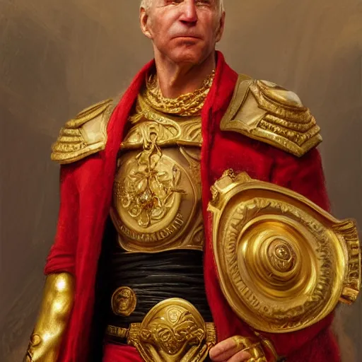 Image similar to detailed realistic cinematic wide shot of beautiful attractive muscular joe biden as roman empreror gold chain wearing royal red clothes slim face symettrical face clean skin black eyes black robe smooth, sharp focus, ultra realistic, spring light, painting by gaston bussiere, craig mullins, j. c. leyendecker