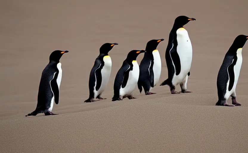 Image similar to happy penguins in sand dunes, photography