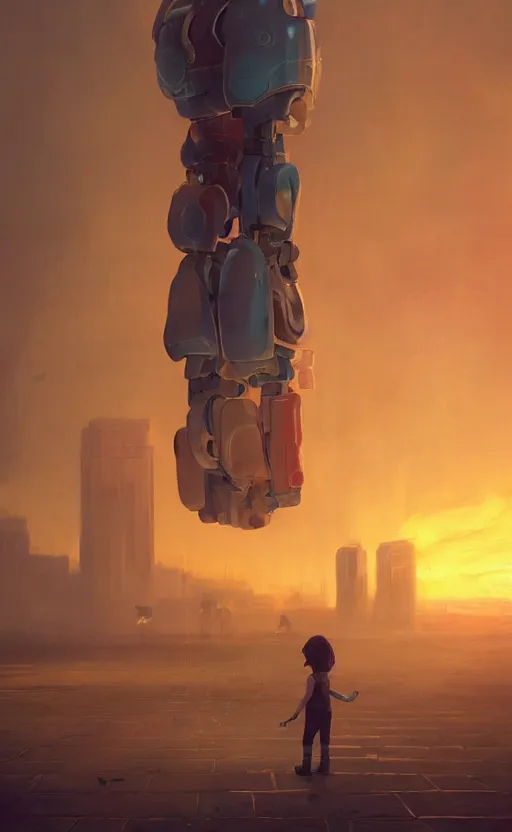 Image similar to digital painting of child playing with a huge humanoid robot in a park, sunset, a dark dystopian city behind a huge wall, stunning, cinematic lighting, concept art by greg rutkowski and simon stalenhag, artstation