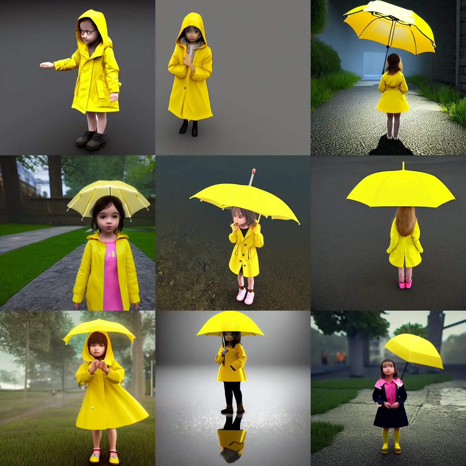 Prompt: A little girl in a yellow raincoat, wearing a transparent umbrella. Front view, Unreal Engine.