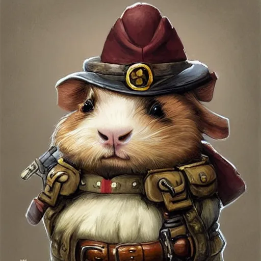 Image similar to cute little anthropomorphic Guinea Pig ww1 soldier, tiny, small, short, military outfit, cute and adorable, pretty, beautiful, DnD character art portrait, matte fantasy painting, DeviantArt Artstation, by Jason Felix by Steve Argyle by Tyler Jacobson by Peter Mohrbacher, cinema