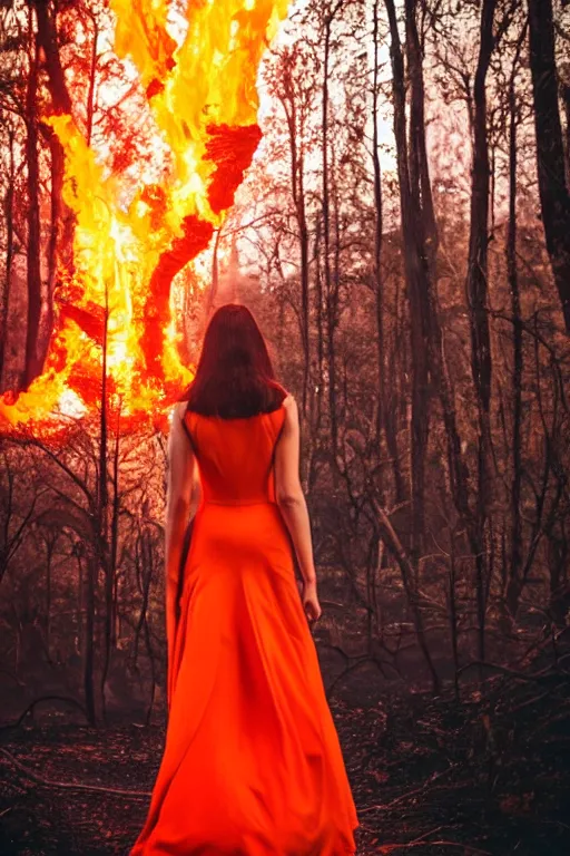 Image similar to the queen of fire wearing an orange and red beautiful dress walking on a burning forest, beautiful angle, aesthetic