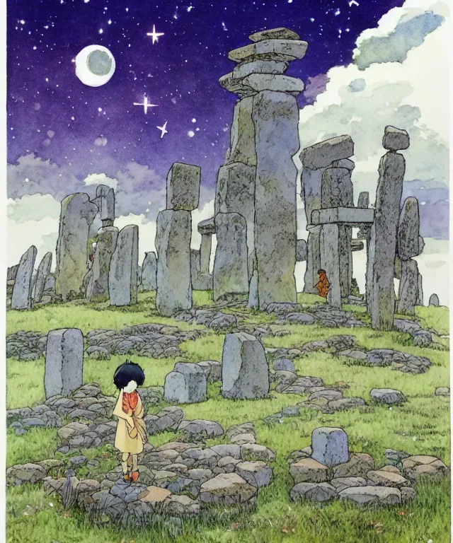 Image similar to a hyperrealist studio ghibli watercolor fantasy concept art. in the foreground is a giant grey octopus building and putting stones in to place on top of stonehenge with shooting stars all over the sky in the background. by rebecca guay, michael kaluta, charles vess