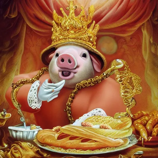 Image similar to pig wearing gold crown eating hot dog, Realistic, Regal, Refined, Detailed Digital Art, Michael Cheval, Walt Disney (1937), François Boucher, Oil Painting, Steampunk, Highly Detailed, Cinematic Lighting, Unreal Engine, 8k