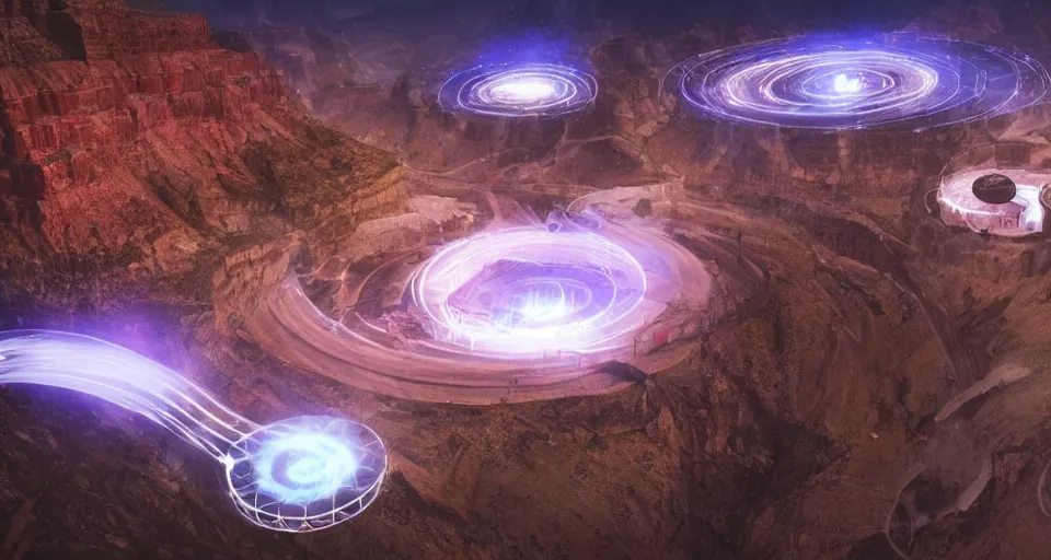 Image similar to night, people and a spiral - shaped white luminous attractor is floating in grand canyon, concept art, art for the game, professional lighting, art