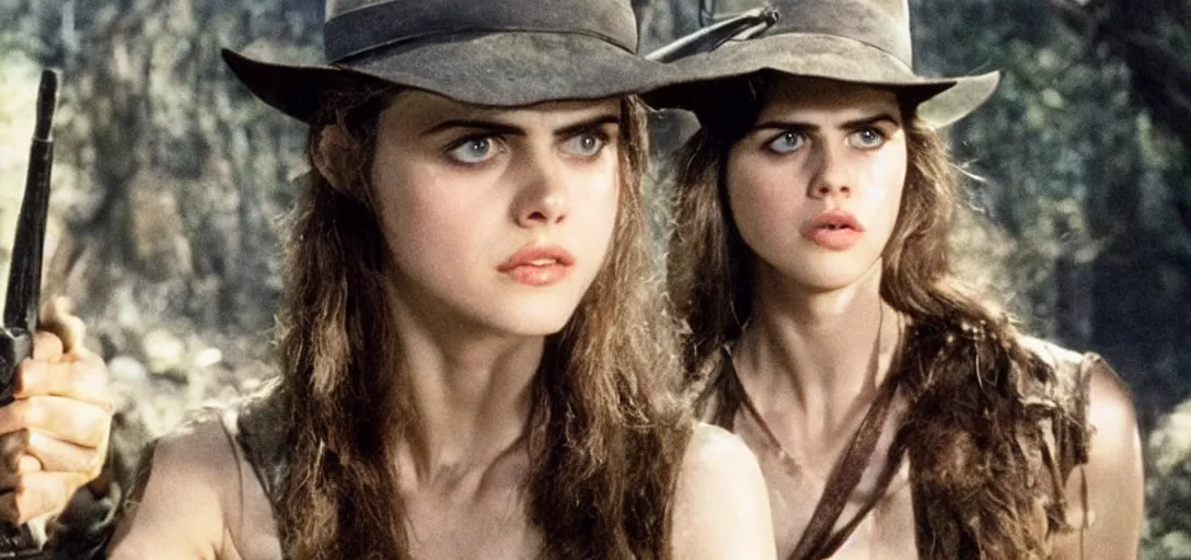 Prompt: still of alexandra daddario as indiana jones in raiders of the lost ark ( 1 9 8 1 )