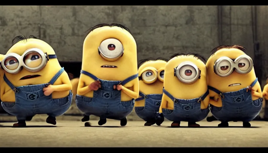 Image similar to fight! club!!!!, fight! club!!!! (((the minions))), movie still, directed by David fincher