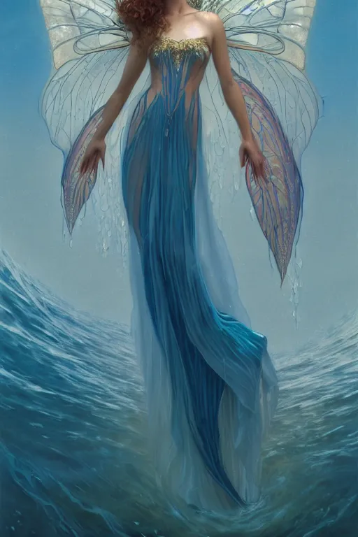 Prompt: a portrait of elegant beautiful queen of the water fairies, gossamer wings, long hair, gown made of ocean waves, illustration, dramatic lighting, soft details, painting oil on canvas, art nouveau, octane render, HDR, 4k, 8k, HD, by Edmund Blair Leighton, Brom, Charlie Bowater, faces by otto schmidt