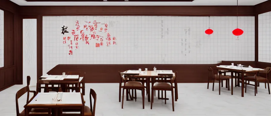 Image similar to a beautiful simple interior render of roasted string hotpot restaurant restaurant yan'an, wall corner, from china, red paper wall and white tile floor, rectangle white porcelain table, fine simple delicate structure, chinese style, simple composition, simple style structure decoration design, victo ngai, 4 k hd