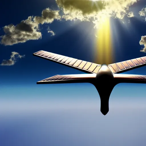 Image similar to commodore amiga with wings flying towards the sun, sunrays, lightly clouded