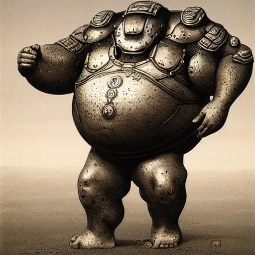 Prompt: morbidly obese ironman. wearing intricate breastplate. full body dynamic pose. by Zdzisław Beksiński