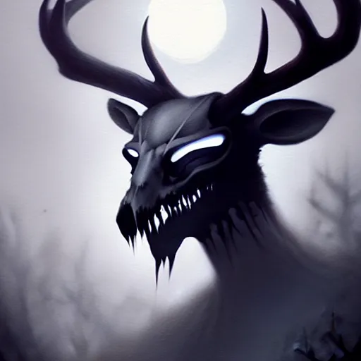 Prompt: in the style of artgerm, peter mohrbacher, rafael albuquerque, wendigo, in the forest emerging from the shadows, deer skull face, antlers, fog, full moon, moody lighting, horror scary terror