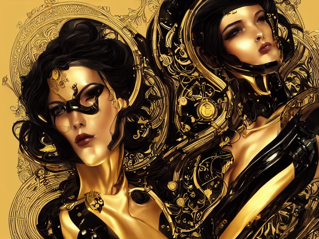 Prompt: beauty art nouveau woman, black and gold robotic, trending on artstation, by Artgerm
