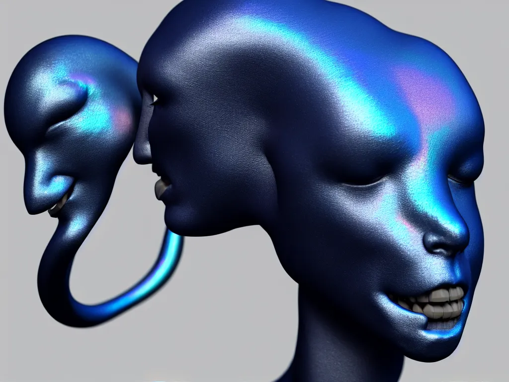 Image similar to a 3 d render of a mannequin head with a beautiful large eastern indigo snake, iridescent scales, 4 k, trending on artstation, award winning, photorealistic, volumetric lighting, octane render,