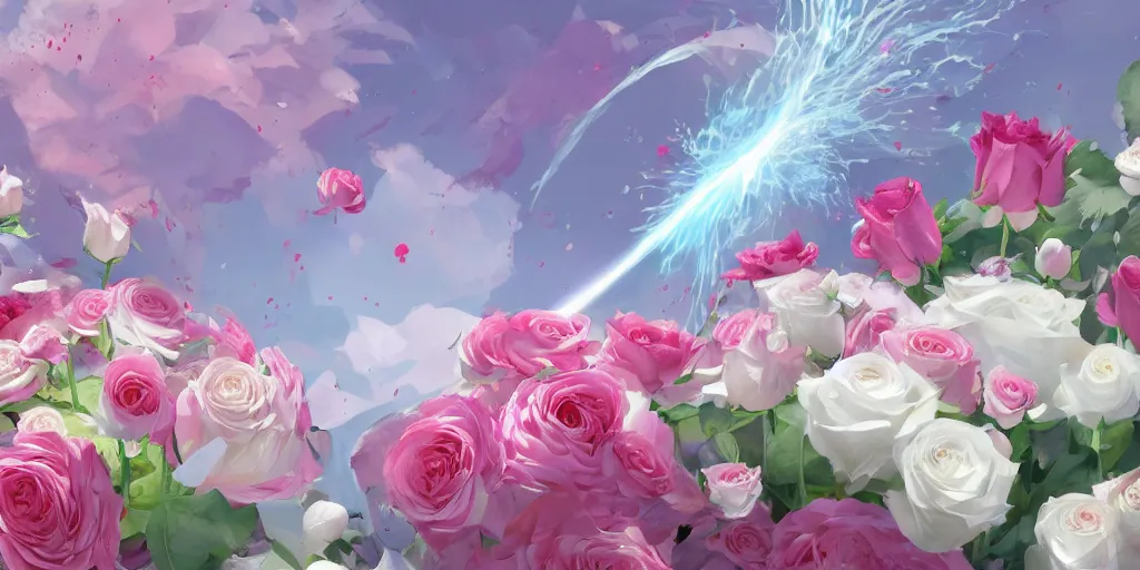 Prompt: background art of magic invisible blade slicing through a bouquet of white and pink roses, flowers exploding and spraying and splattering, big puffy clouds, exploding roses, large rose petals, lotus petals, large polygonal background elements, large polygons, studio ghibli anime, radiant lighting, artgerm, manga, trending on artstation, art nouveau, mature colors