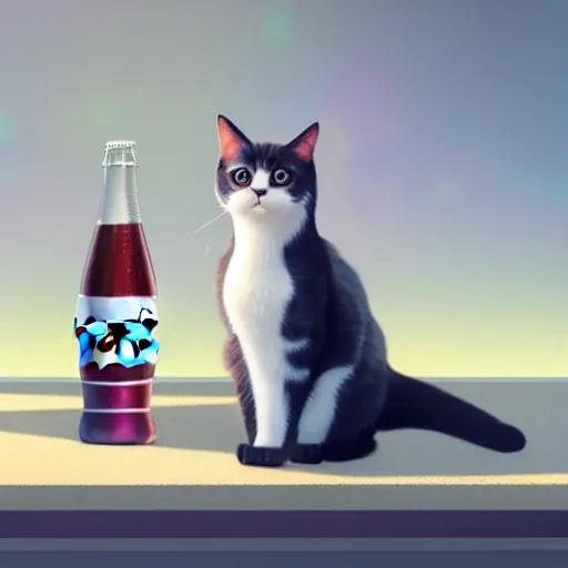 Prompt: a cat standing next to a bottle of coke. animal. digital art. artstation. realistic. vibrant. illustration. in the style of pixar movie. octane render. art by makoto shinkai, stanley artgerm lau, wlop, rossdraws. volumetric lighting.