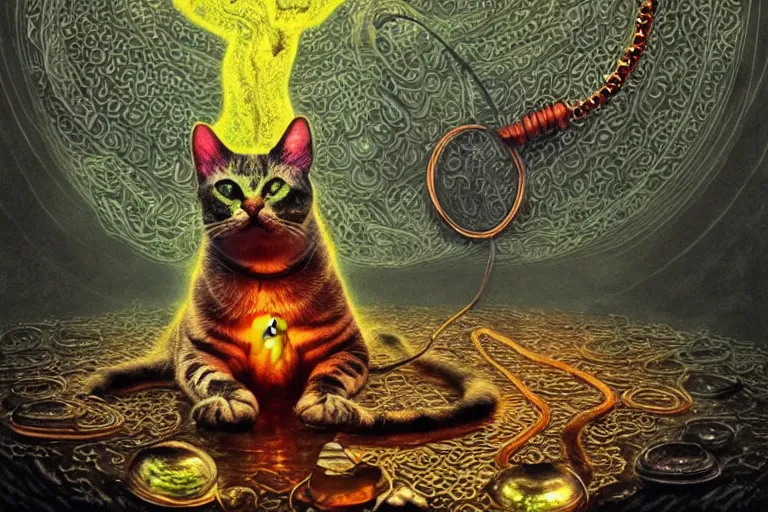 Prompt: psychedelic cat with trinket necklace, epic angle and pose, reflective pool, symmetrical artwork, ayahuasca, translucent, fungus, energy flows of water and fire, highly detailed, epic cinematic concept art, excellent composition, dystopian brutalist atmosphere, dynamic dramatic lighting, aesthetic, very inspirational, arthouse, Greg Rutkowski, Artgerm