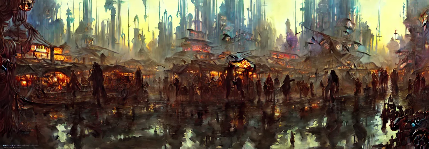 Image similar to steampunk cyberpunk city in a swamp, busy market, godrays, cinematic, poster art by weta studio, lucasfilm jesper ejsing, norman rockwell, mucha, ilya kuvshinov, greg rutkowski frank frazzeta on artstation