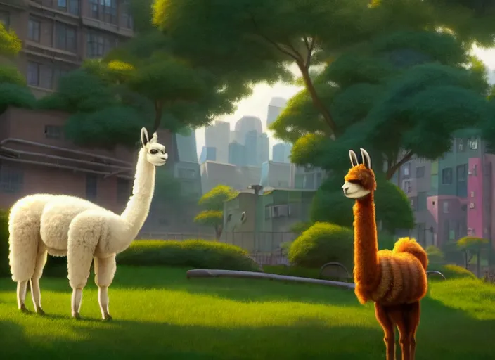 Image similar to a wholesome animation key shot of a llama, new york zoo in the background, studio ghibli, pixar and disney animation, sharp, rendered in unreal engine 5, anime key art by greg rutkowski, bloom, dramatic lighting