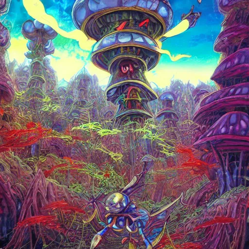 Prompt: anime 4 k headshot portrait of a psychedelic demonic anthropomorphic insect knight with mushroom themed clothes, magic mushroom village in background by jeff easley, award winning, stylized neon, post - processing, masterpiece, superb resolution. in the art style of junji ito and greg rutkowski. detailed mushroom city in background. hyper realistic anime. perfect art. dalle 2