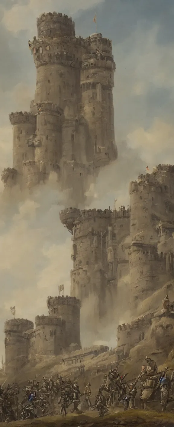 Prompt: painting of a futuristic imperial castle guarded by many soldiers