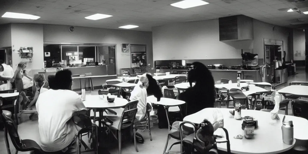 Image similar to big silverbaaack gorilla in cafeteria lunchroom, indoor lighting, 3 5 mm disposable camera